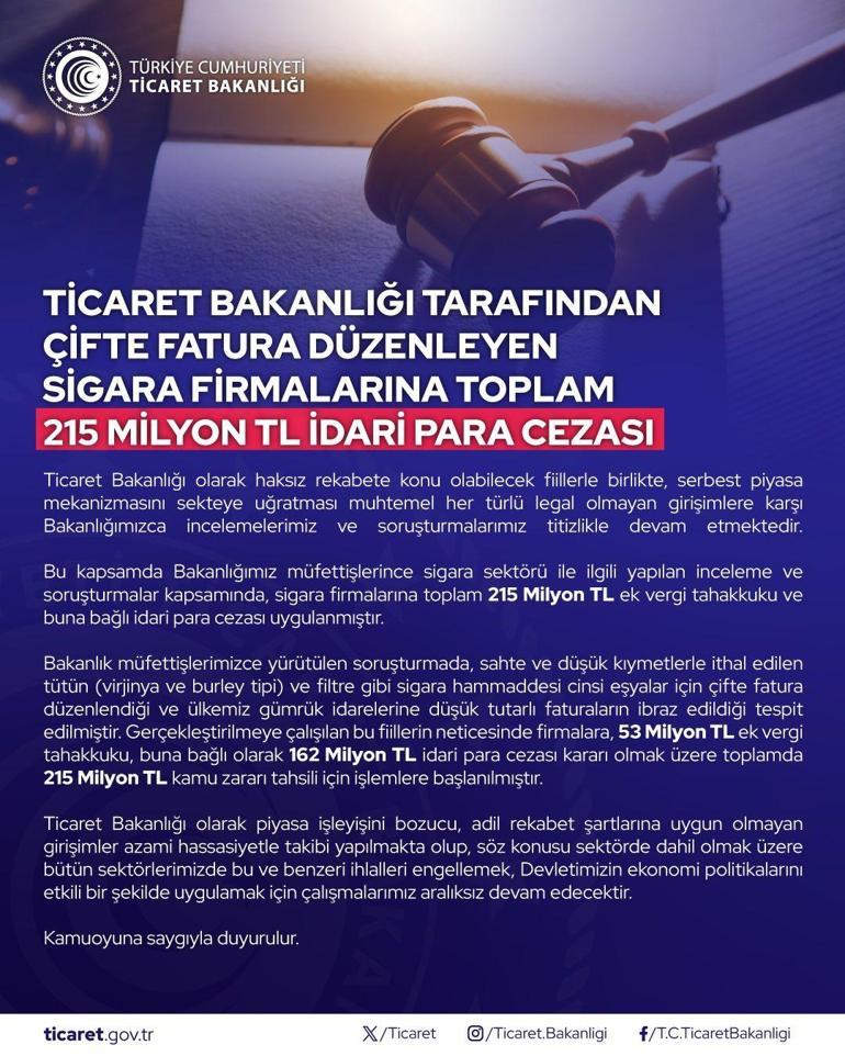 Ticaret Bakanlığı'ndan çifte fatura düzenleyen sigara firmalarına ceza