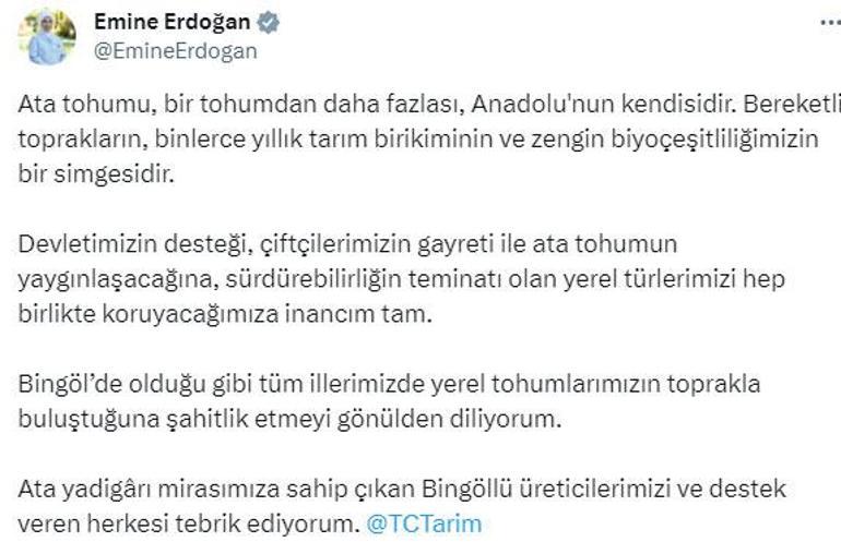 Emine Erdoğan'dan Bingöllü çiftçilere ata tohumu tebriği