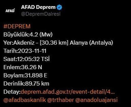 Son dakika... Antalya açıklarında 4.2 büyüklüğünde deprem