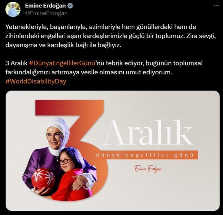 Emine Erdoğan'dan Dünya Engelliler Günü paylaşımı