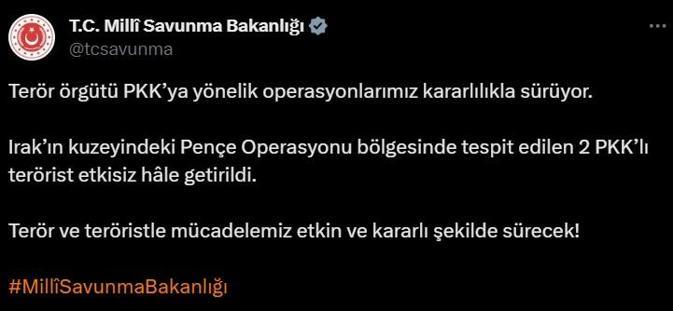 Irak'ın kuzeyinde tespit edilen 2 PKK'lı etkisiz hale getirildi