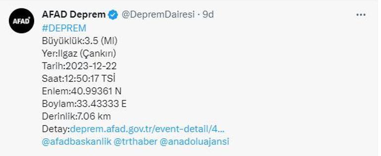 Son dakika... Çankırı'da 3.5 büyüklüğünde deprem