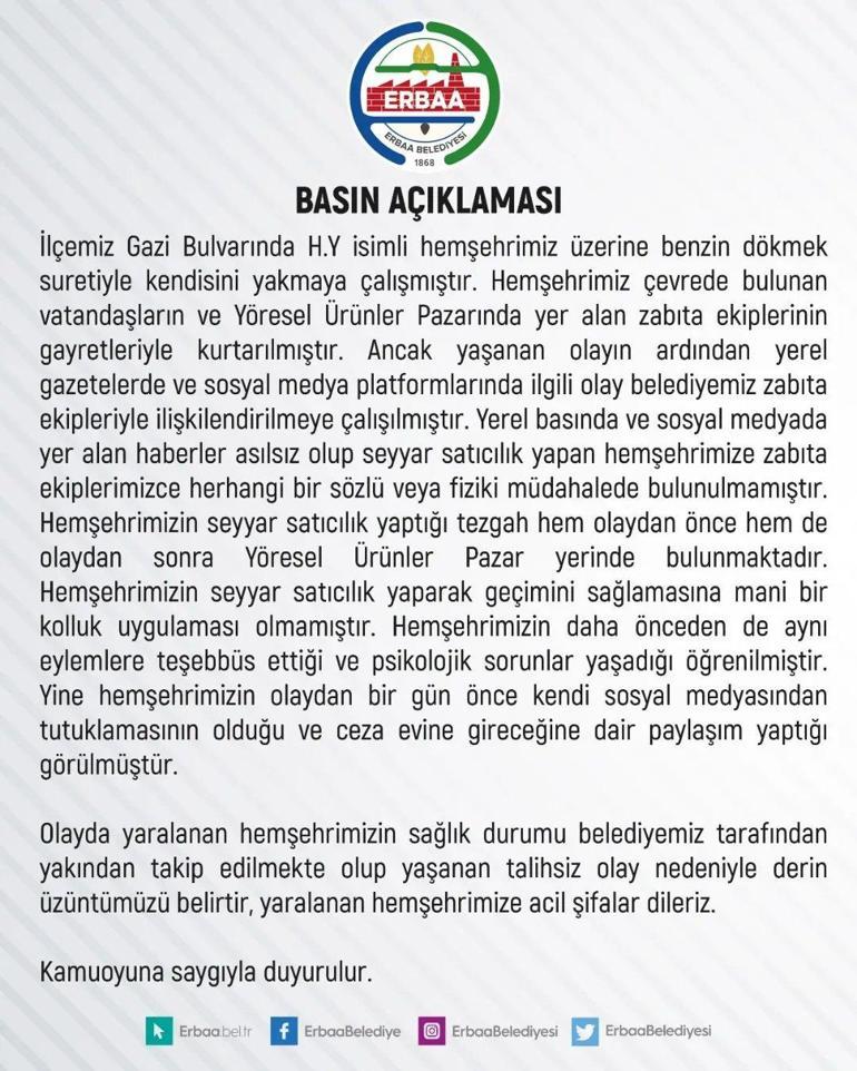 Tokat'ta kendini ateşe veren seyyar satıcıya ilişkin belediyeden açıklama