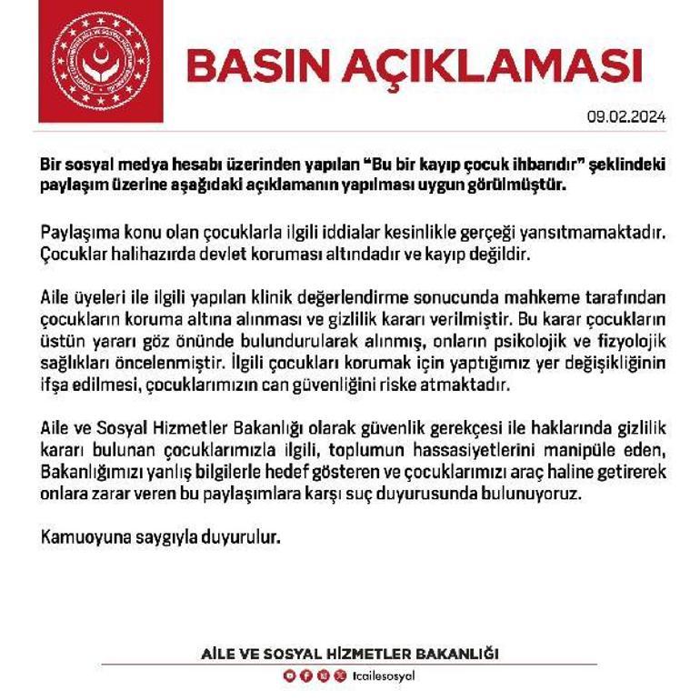 Bakanlıktan 'kayıp çocuk' paylaşımına suç duyurusu