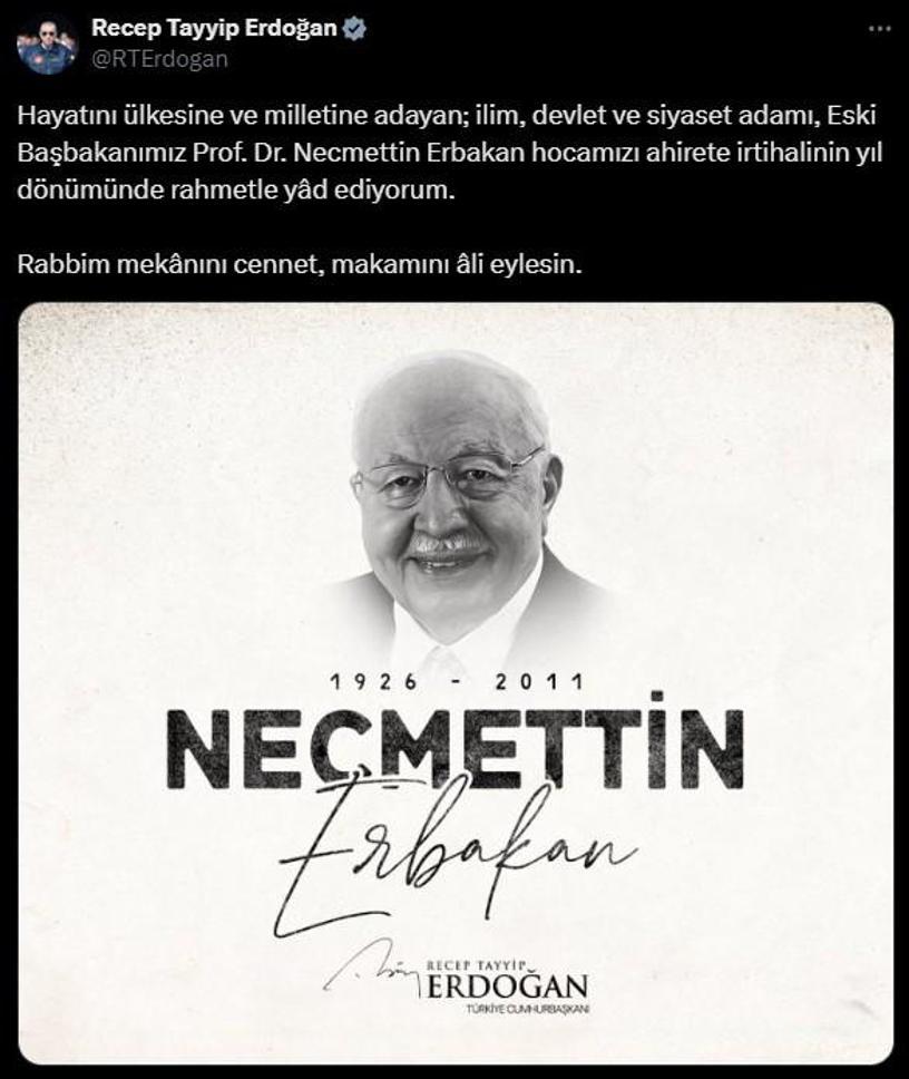 Cumhurbaşkanı Erdoğan'dan Necmettin Erbakan mesajı