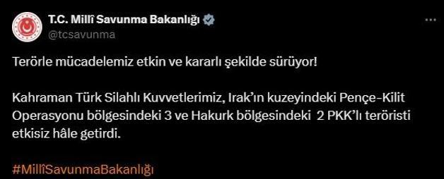 Pençe-Kilit ve Hakurk'ta 5 PKK'lı etkisiz hale getirildi