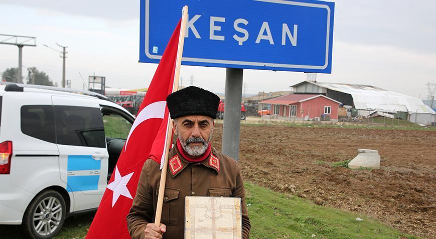 Çanakkale’ye yürüyen gazi torunu, 7’nci gününde Keşan’a ulaştı
