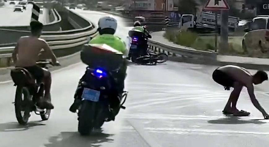 ‘Dur’ ihtarına uymayıp kaçtı! Yarı çıplak halde motosikletten düşünce yakalandı