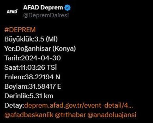 Konya'da 3.5 büyüklüğünde deprem