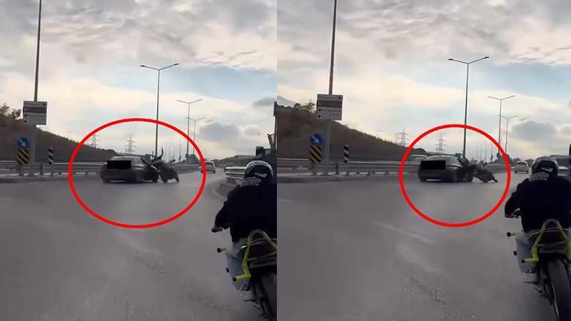 Bursa’da drift atan otomobil motosiklete çarptı: Kaza kask kamerasında